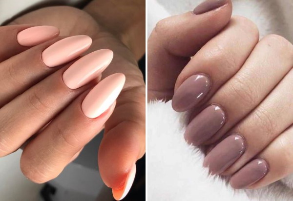 Manicure nua com design. Foto curta, unhas compridas em formato de amêndoa