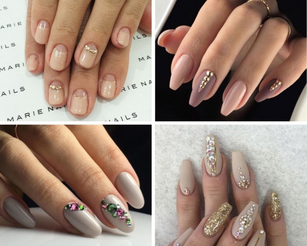 Manicure nua com design. Foto curta, unhas compridas em formato de amêndoa