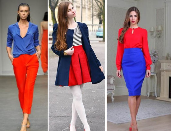 Combinação de vermelho e azul. Foto na roupa, manicure