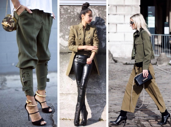 Khaki. Fotos com roupas de mulher, com que cor é combinada, como vestir