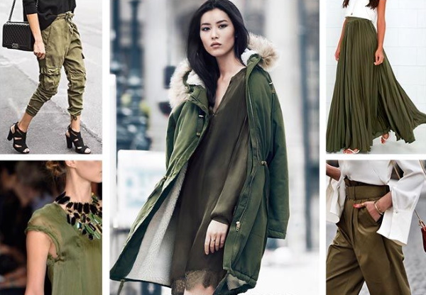 Khaki. Fotos com roupas de mulher, com que cor é combinada, como vestir