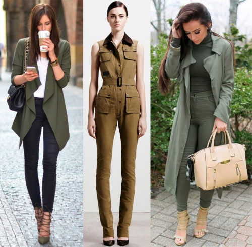 Khaki. Fotos com roupas de mulher, com que cor é combinada, como vestir