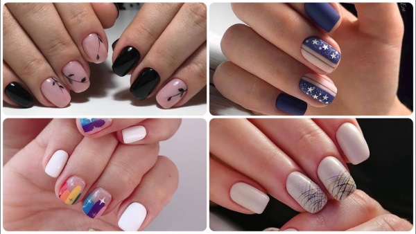 Manicure em unhas ovais. Foto com brilhos, tons delicados com estampa, strass, fricção, inscrições