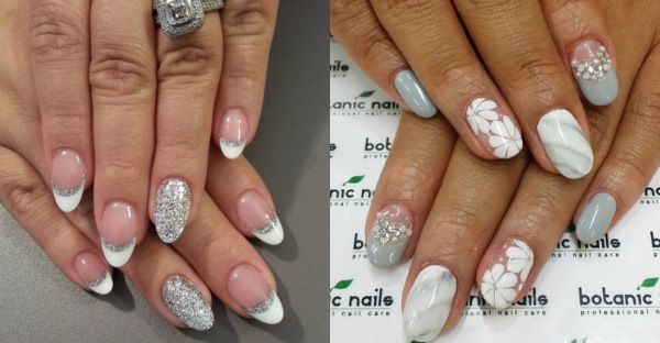 Manicure em unhas ovais. Foto com brilhos, tons delicados com estampa, strass, fricção, inscrições