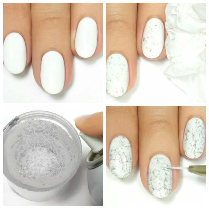 Manicure em mármore com esmalte gel para unhas curtas e longas. Foto, desenho