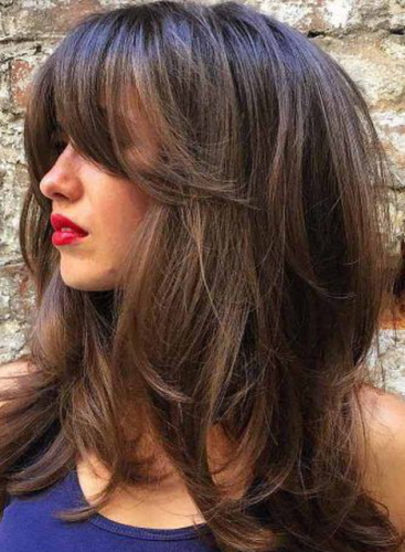 Corte de cabelo feminino com franja longa para cabelos médios. Fotos, tendências da moda em 2024