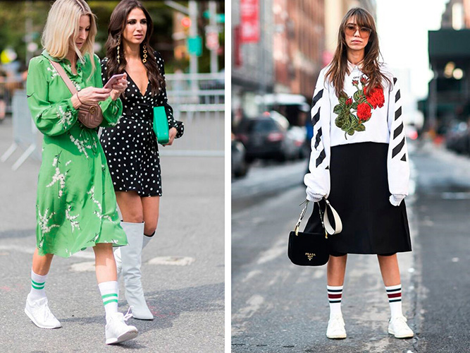 Tênis branco com vestido, saia, meia-calça. Foto, o que vestir