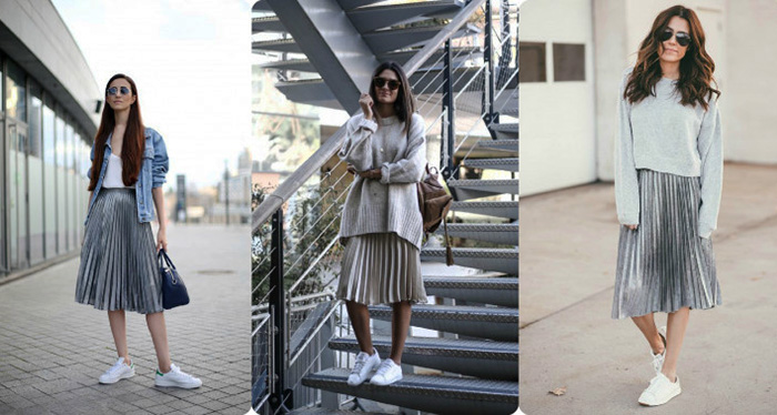 Tênis branco com vestido, saia, meia-calça. Foto, o que vestir