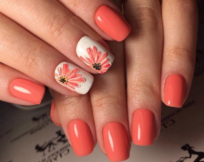 Manicure coral com desenhos para unhas curtas e compridas. Uma foto