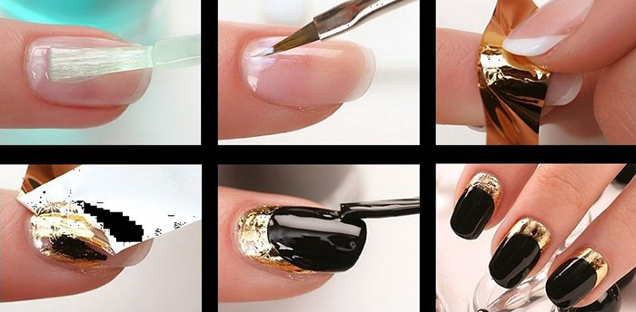 Como colar papel alumínio nas unhas com / sem cola no esmalte de gel. Instrução, foto