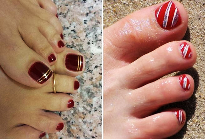 Pedicure vermelha nos pés. Foto com desenho, strass, padrões, esfregando