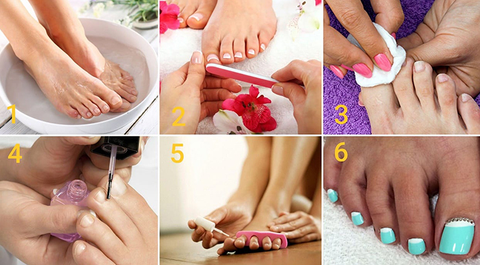 Pedicure vermelha nos pés. Foto com desenho, strass, padrões, esfregando