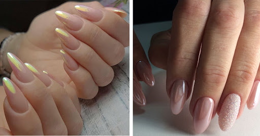 Manicure neutra com esmalte de gel em unhas curtas e longas. Uma foto