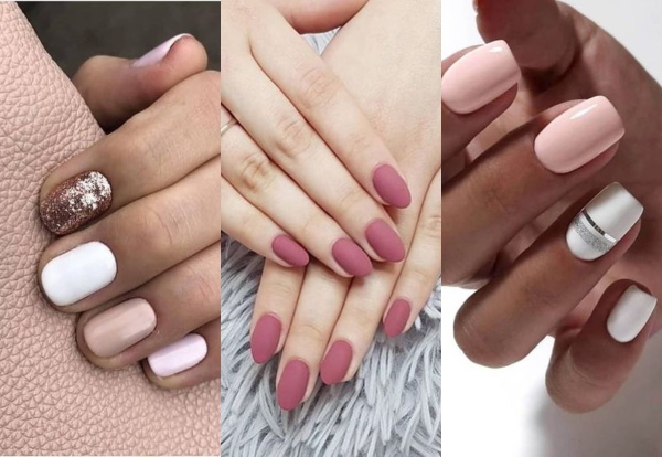 Manicure neutra com esmalte de gel em unhas curtas e longas. Uma foto