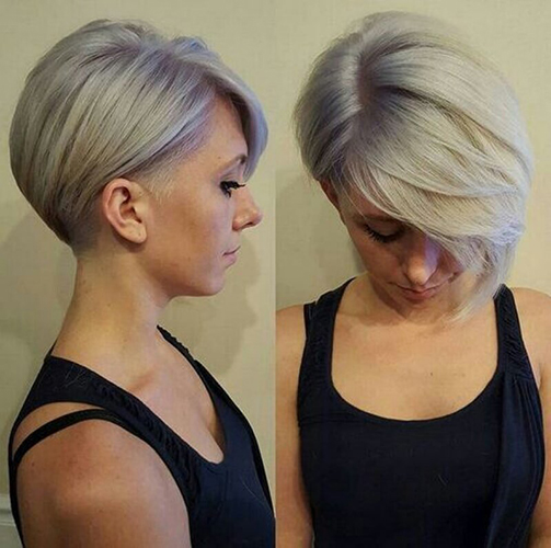 O corte de cabelo Pixie Bob para mulheres é alongado, assimétrico, curto. Uma foto